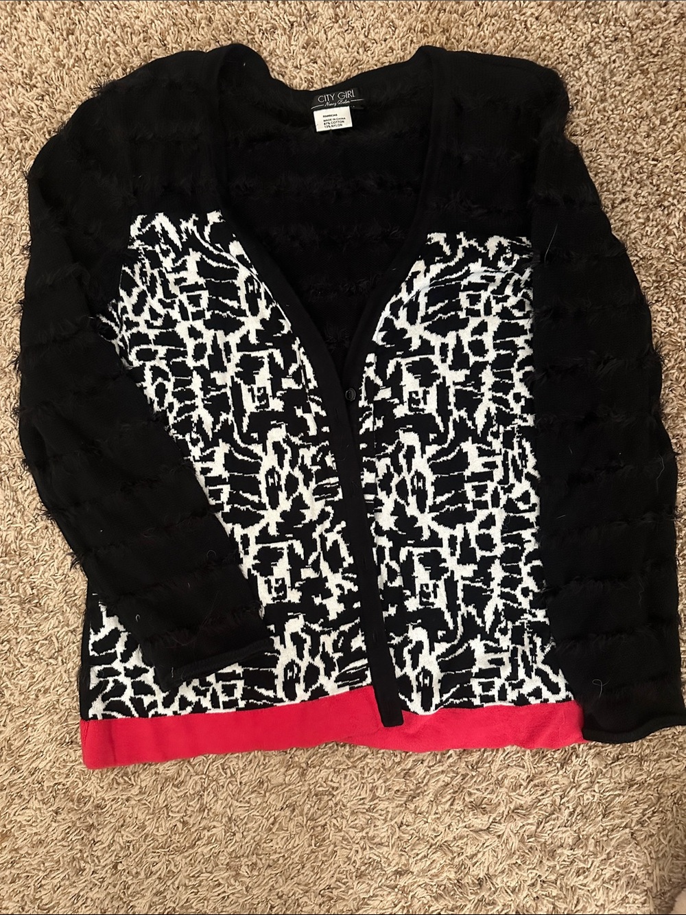 City Girl Black & White Patterned Cardigan with Red Hem